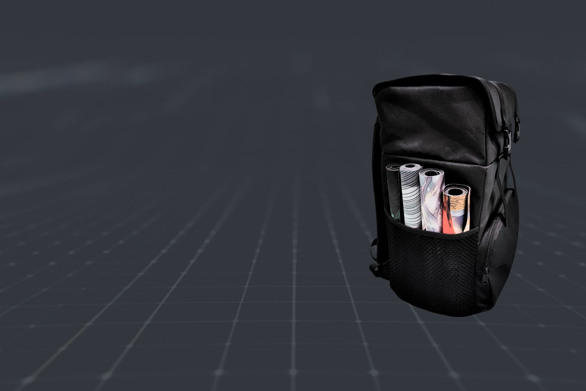 Quad Backpack left side view of playmat compartment.