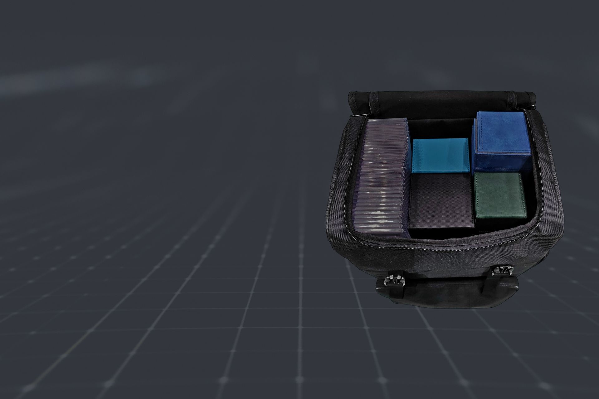 Quad Backpack top view of deck & graded card compartment.