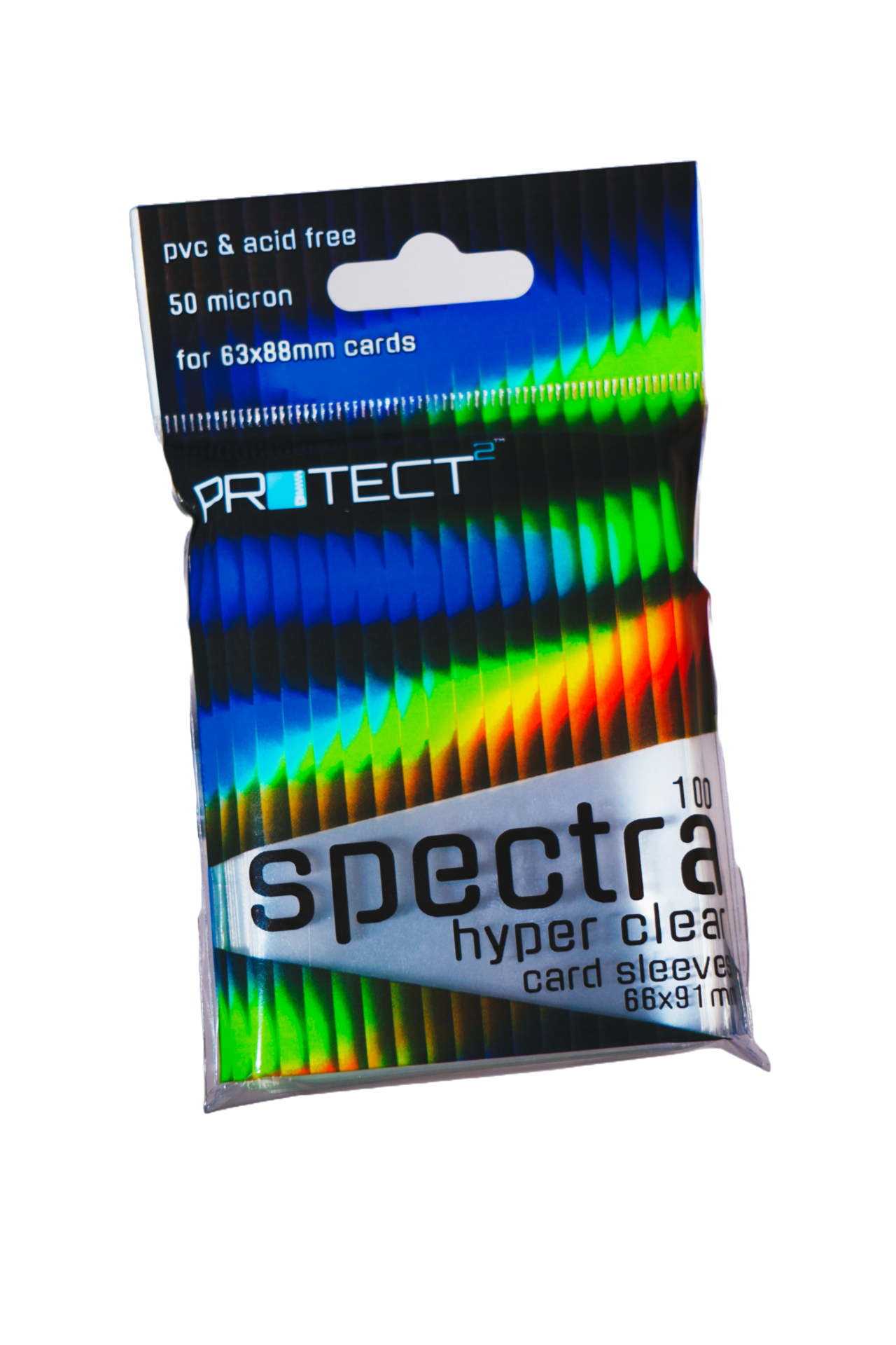 pack of card sleeves with bright blue, red and green colours